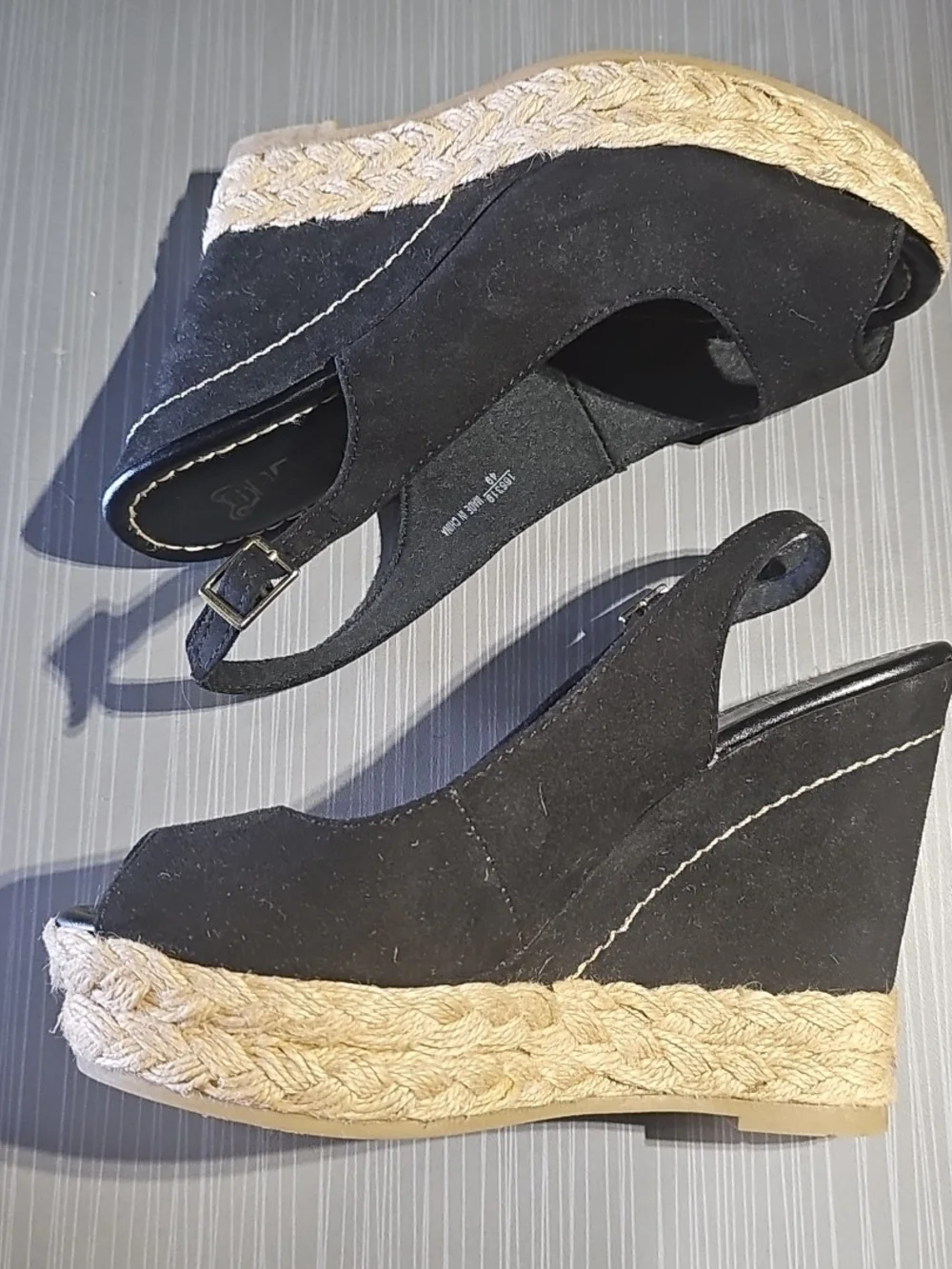 BRASH Black Suede Peep Toe Sling Back‎ Wedge Shoes Women's 5 Excellent PreOwned
